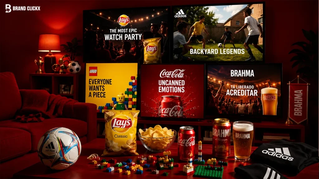Best World Cup 2026 Brand Ads Collage of World Cup 2026 brand advertisements featuring soccer elements on red background