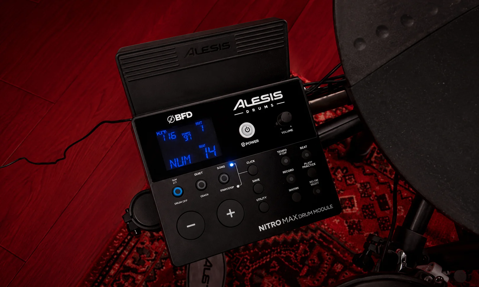 Alesis electronic drum kit sound module with control buttons and an LCD screen