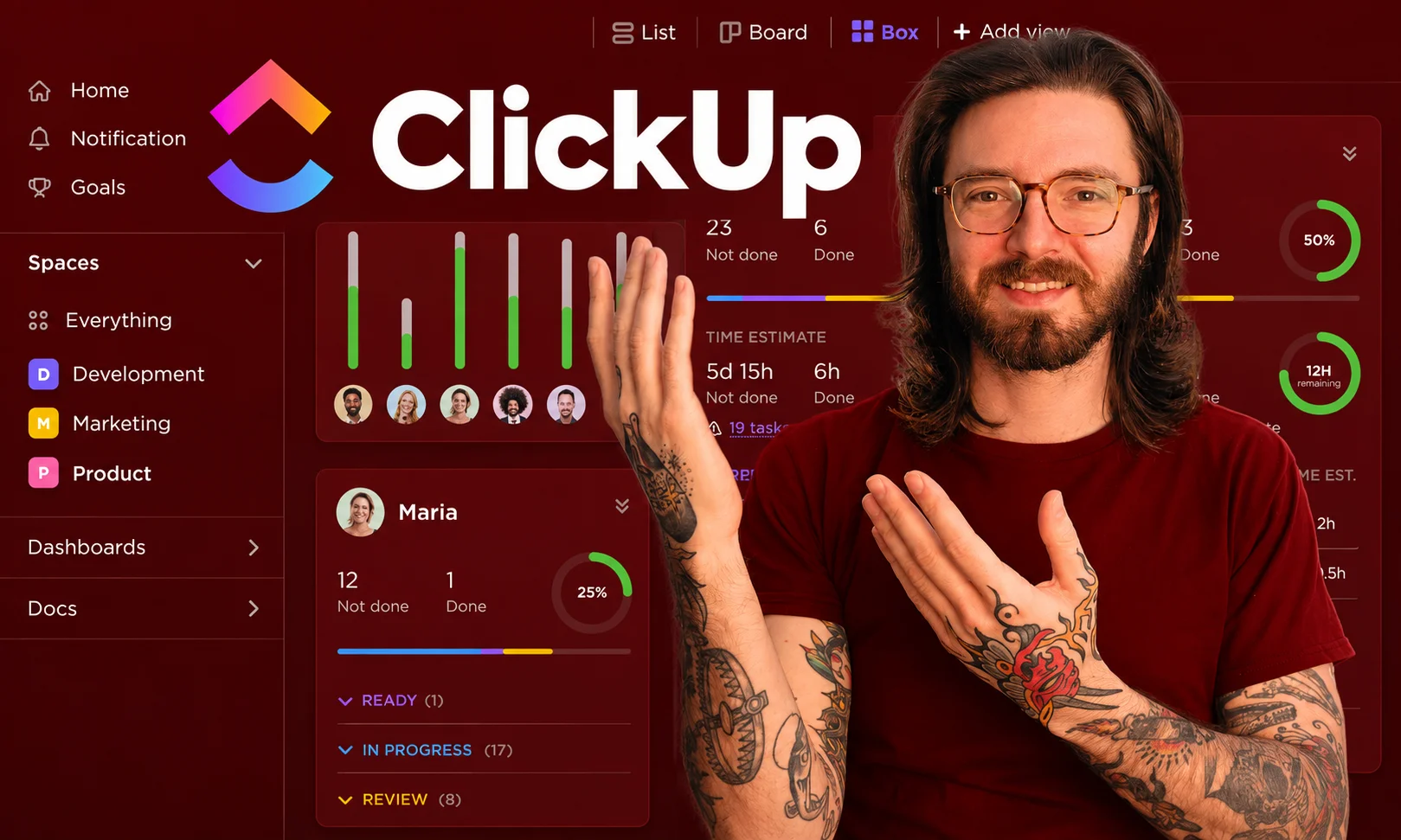 ClickUp project management software layout featured on a screen with rich red lighting