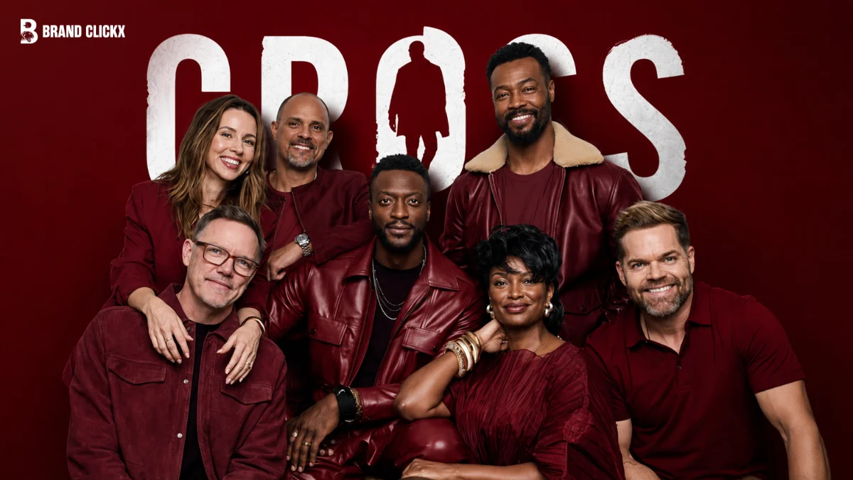 Full cast lineup of the Alex Cross television show posed together against a deep red background.