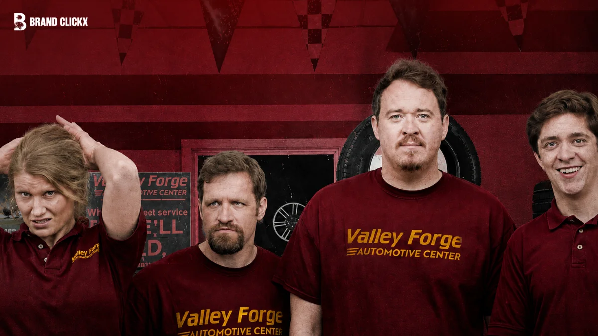 Full cast lineup of the Tires TV series showcased against a deep red background.