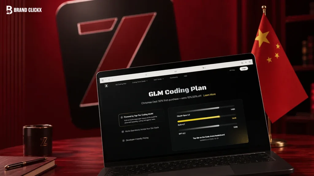 Laptop displaying GLM Coding Plan with a Chinese flag on a dark red desk