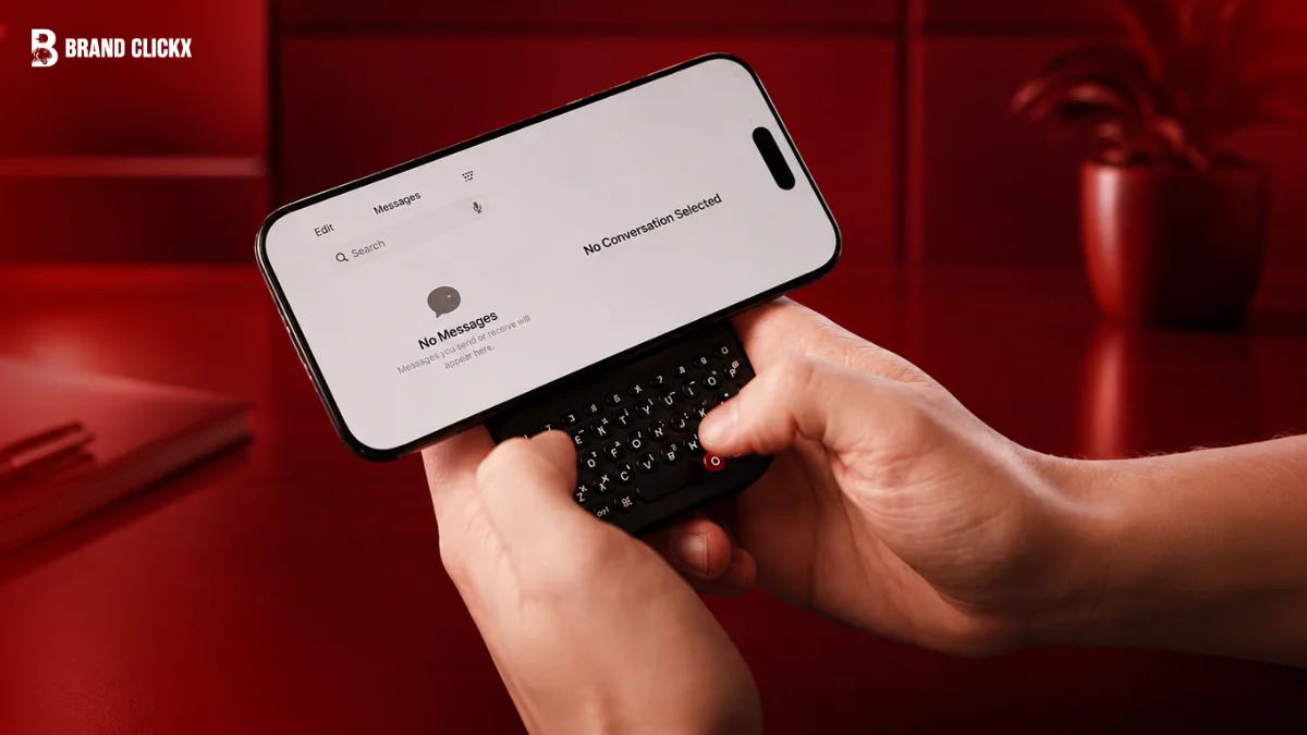 Clicks Power Keyboard Brings BlackBerry Style Typing to Any Phone A person typing on a physical QWERTY keyboard attached underneath a smartphone displaying a messaging app