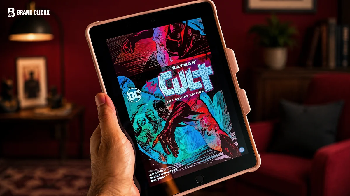 Person holding a tablet reading digital comic books online against a dark red ambient background