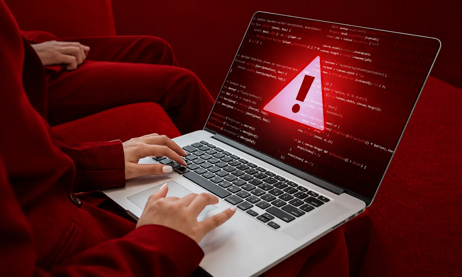 A laptop displaying a red warning symbol on its screen against a dark red background.