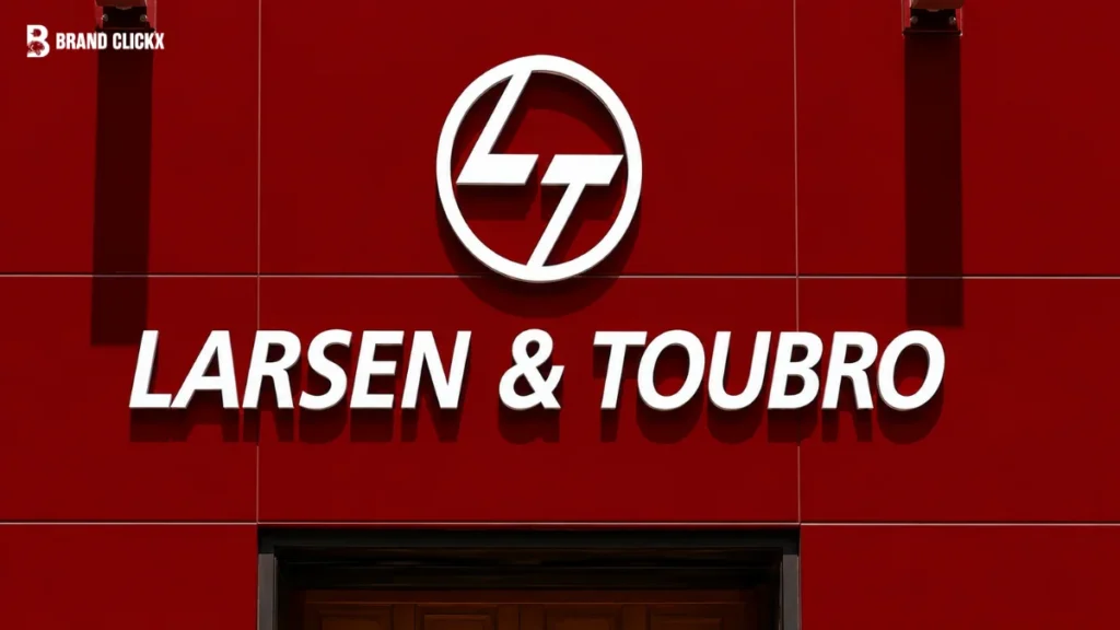 The white circular "L&T" logo and "LARSEN & TOUBRO" lettering mounted on a red wall surface, featuring the Brand Clickx logo in the top left corner.