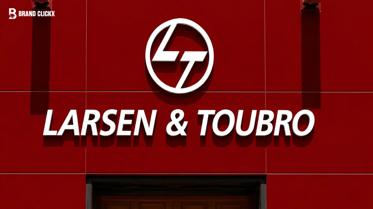 Construction Giant L&T Said to Plan India RareEarth Magnet Bid The white circular "L&T" logo and "LARSEN & TOUBRO" lettering mounted on a red wall surface, featuring the Brand Clickx logo in the top left corner.