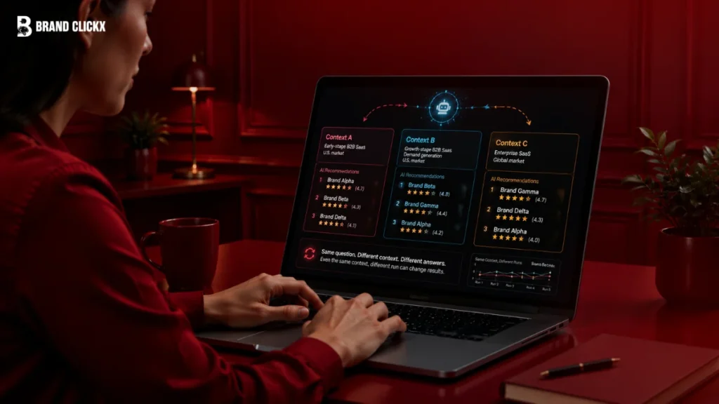 A person working on a laptop at a red-toned desk, with the screen displaying a context comparison dashboard and AI recommendations, featuring the Brand Clickx logo in the top left corner.