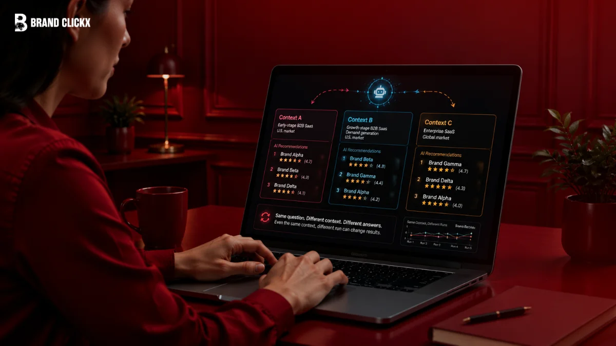 A person working on a laptop at a red-toned desk, with the screen displaying a context comparison dashboard and AI recommendations, featuring the Brand Clickx logo in the top left corner.