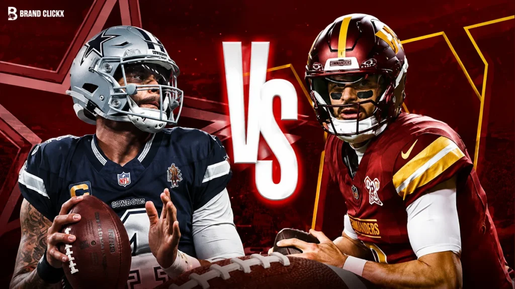 Two football players facing off against a dark red background