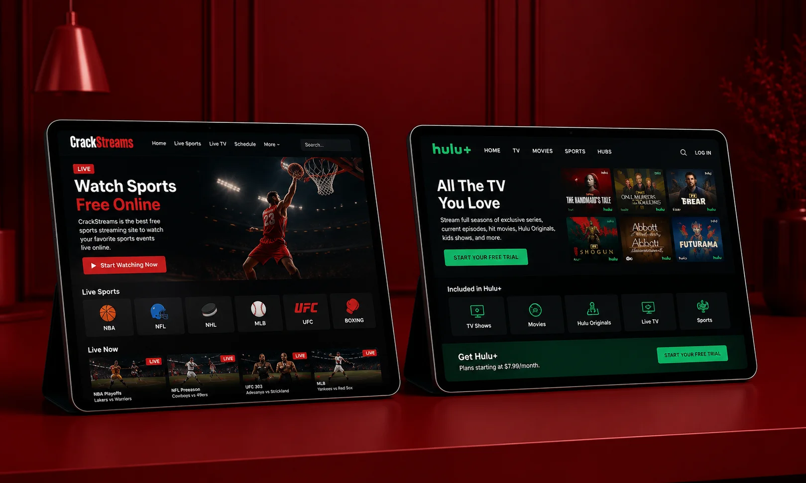 A feature comparison graphic analyzing CrackStreams against Hulu +.