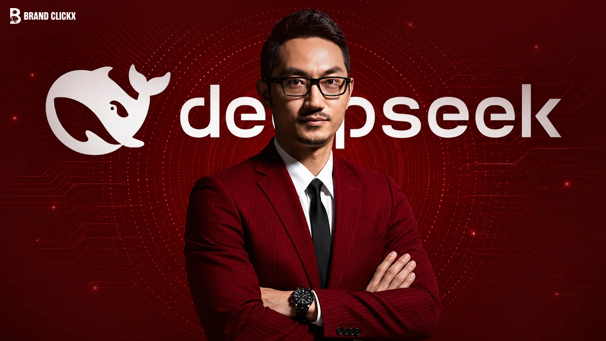 DeepSeek AI founder portrait against a dark red background