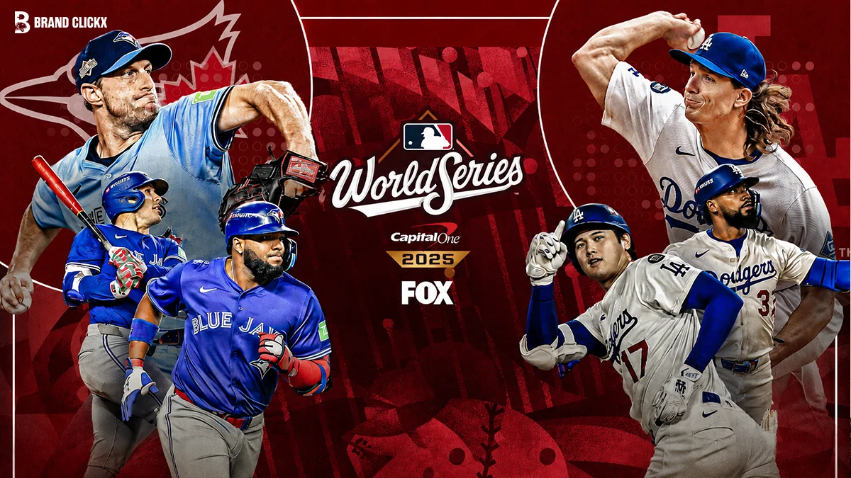 Dodgers vs Blue Jays The Game 7 That Ended 25 Years of Waiting Baseball players competing in the World Series against a dark red backdrop