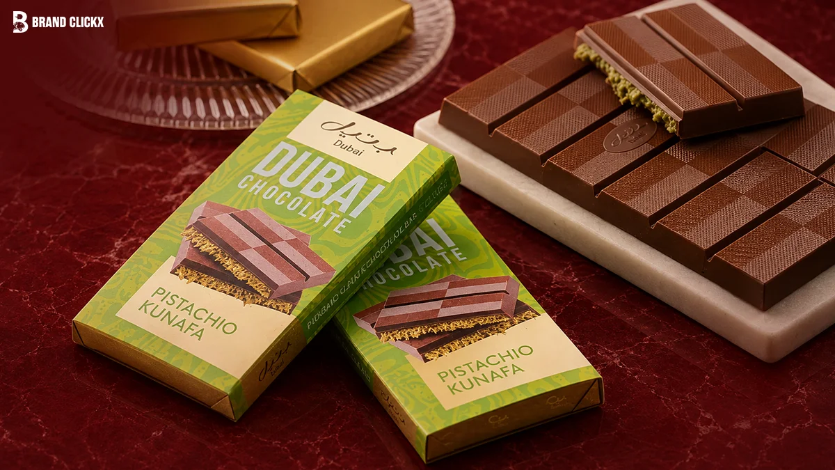 Dubai Chocolate123 Gourmet Dubai chocolate bars featuring pistachio filling, set against a rich dark red surface