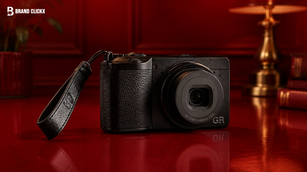 Close-up view of the Ricoh GR IIIx camera highlighting its built-in controls, lens ring, and compact layout.