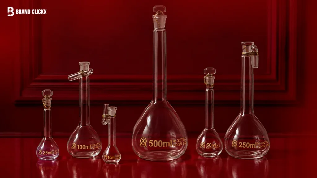 Glass volumetric flask sitting on a laboratory workbench showing its flat base, round body, and long neck.