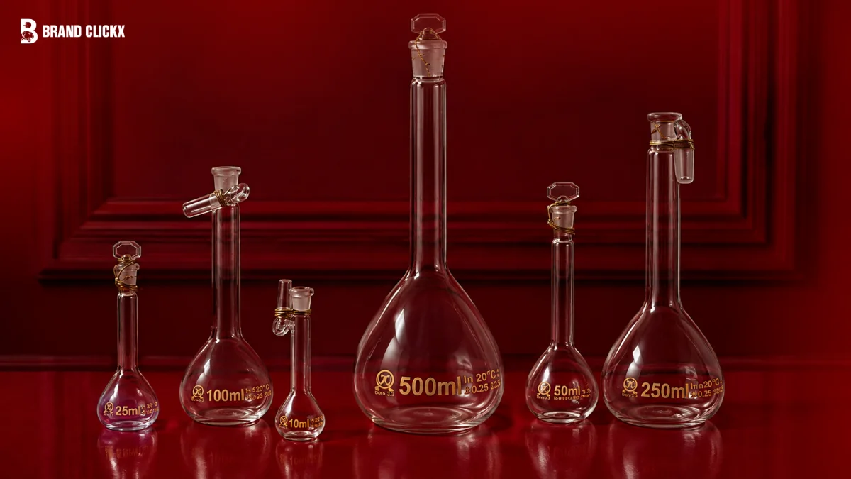 Glass volumetric flask sitting on a laboratory workbench showing its flat base, round body, and long neck.