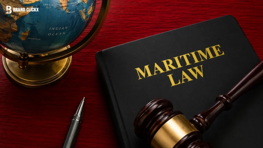 A book titled Maritime Law next to a globe and a wooden gavel representing The Rise of Maritime Litigation