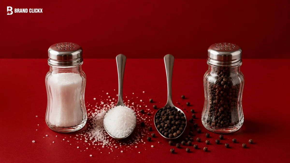 Pair of salt and pepper shakers along with whole peppercorns and sea salt flakes on a kitchen counter.