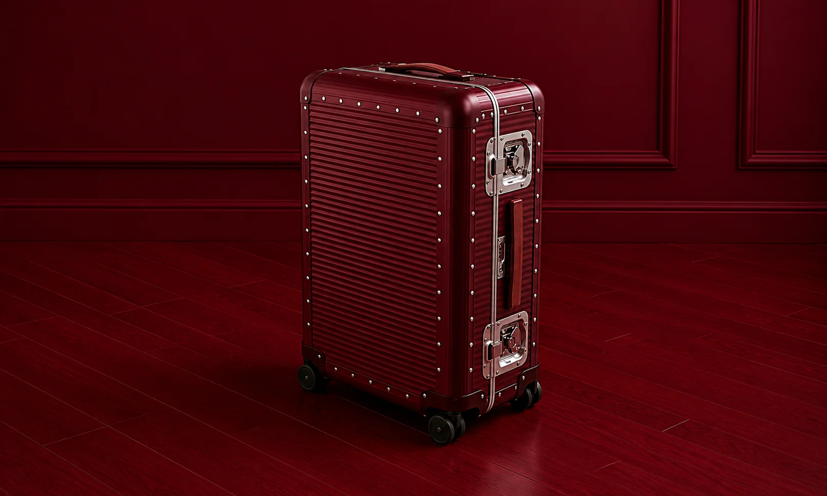 | 15 Best Luxury Luggage Brands for Travelers in 2026 A structured red FPM Milano metal suitcase displayed vertically.