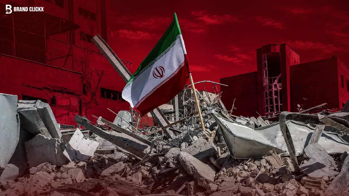 Iranian flag standing amidst urban ruins against a dark red background
