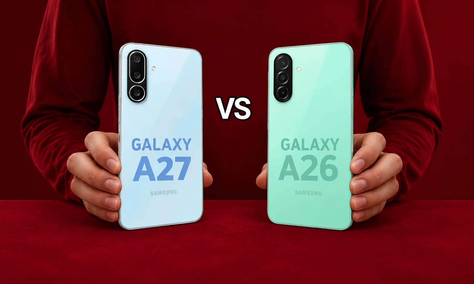 A hands-on comparison of the Galaxy A27 and Galaxy A26 smartphones showcased under a warm red-toned aesthetic.