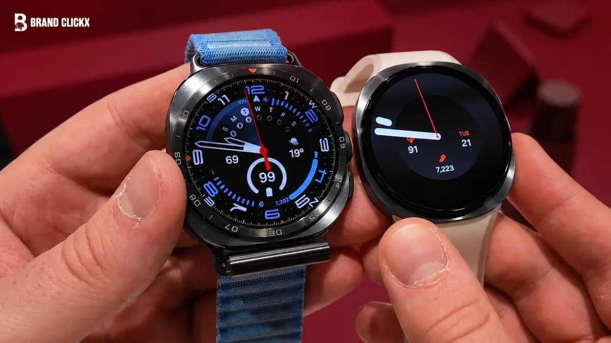 Two smartwatches held up for comparison against a dark red background