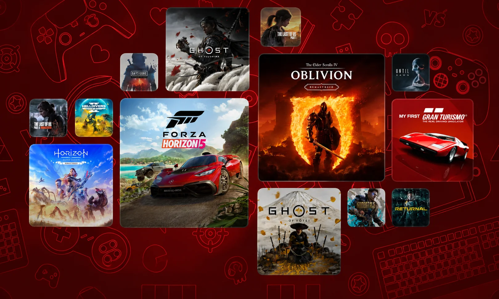 A grid showcase of various video game titles set against a dark red surface.