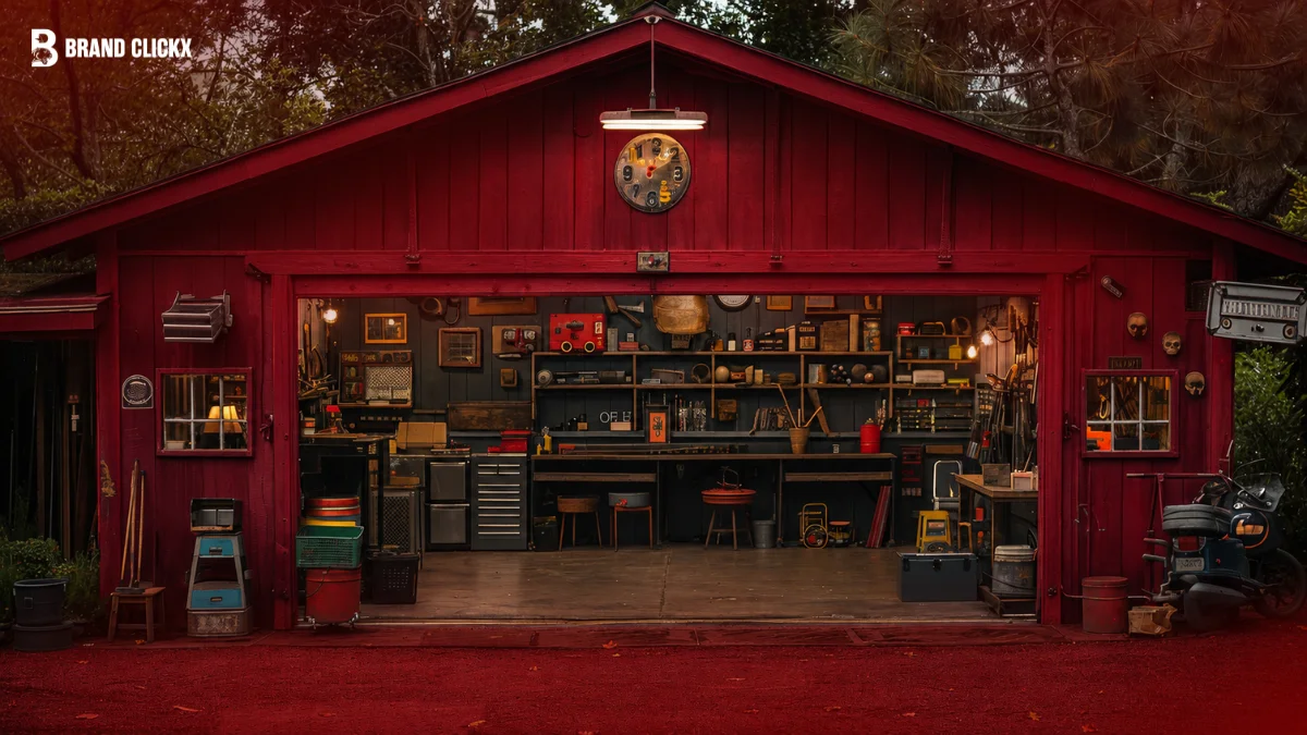 Custom garage workshop set against a dark red ambient background