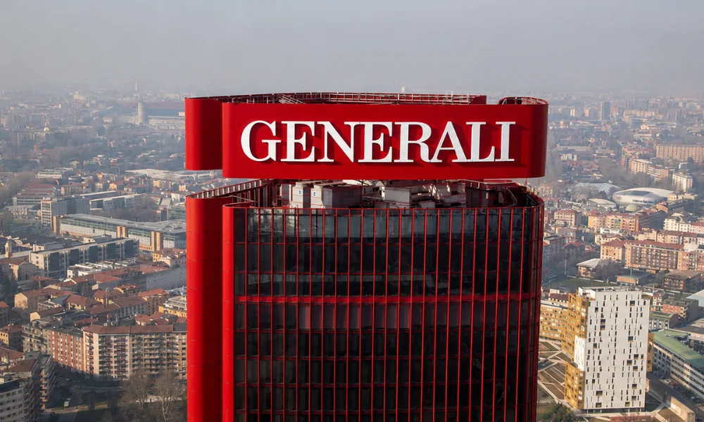 | Best Insurance Companies in the World in 2026 Generali insurance rooftop logo sign on a tall modern skyscraper overlooking a city skyline.
