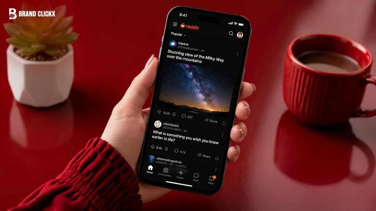 Hands holding a smartphone displaying the Reddit application feed with a post about the Milky Way against a rich dark red background.