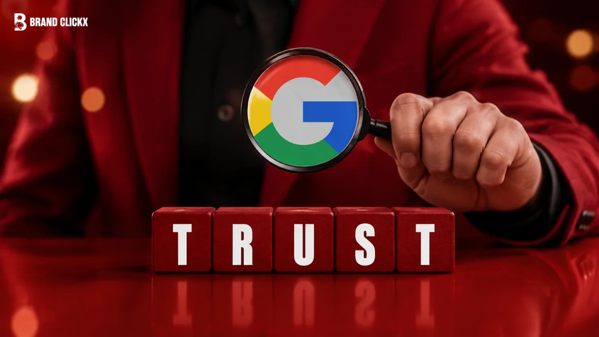 A person wearing a red suit holds a magnifying glass over five red blocks spelling out the word "TRUST"