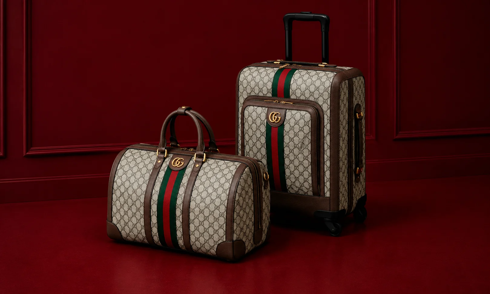 | 15 Best Luxury Luggage Brands for Travelers in 2026 Gucci luxury luggage items displayed against a red background.