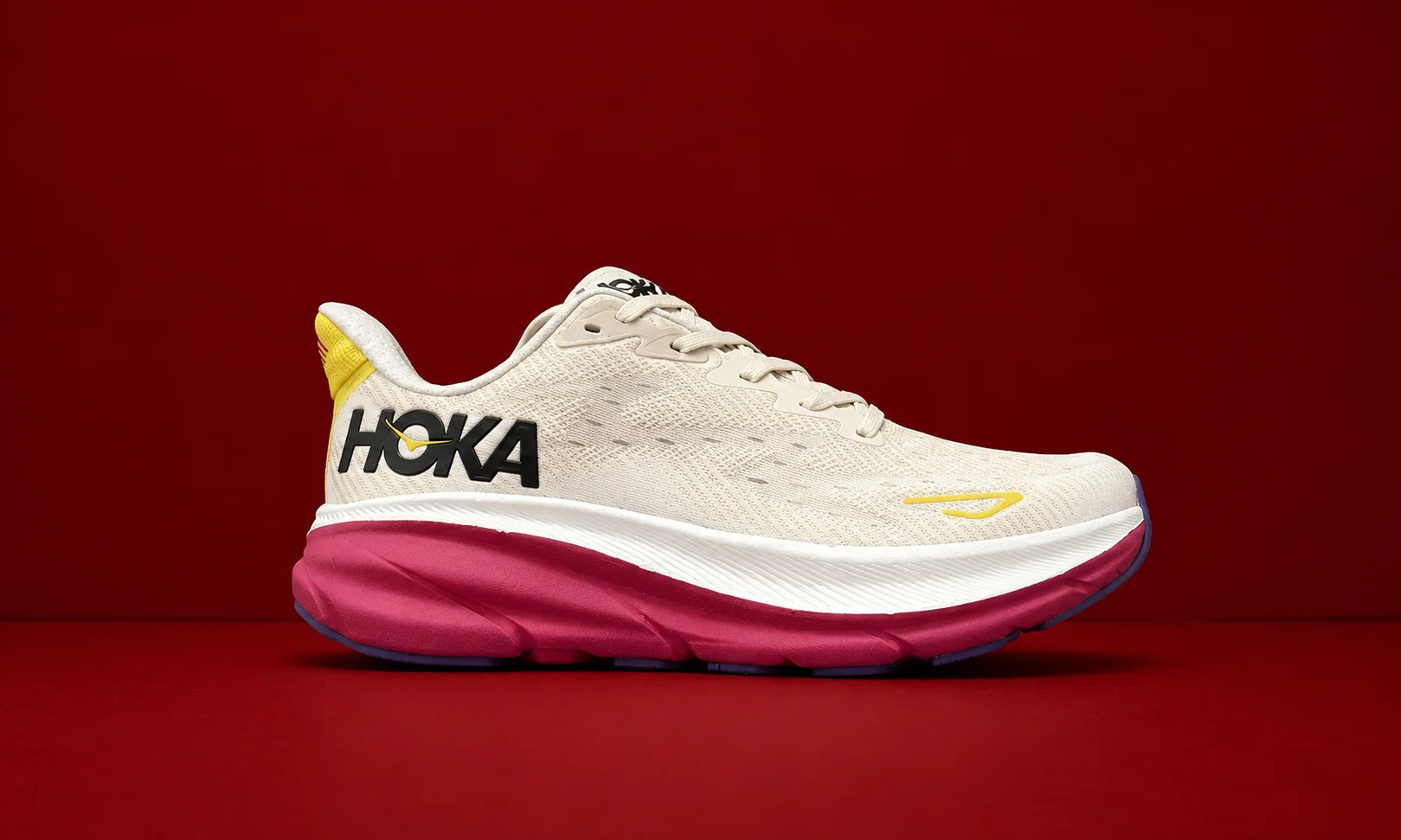 Hoka sports shoes featuring thick maximalist cushioning and Meta-Rocker soles for impact absorption.