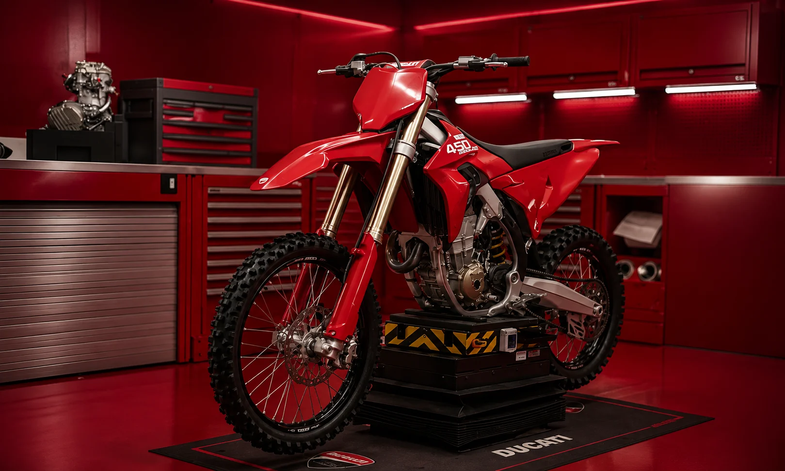| Haiden Deegan: Career, Stats, 2026 News & Biography Motocross bike showcased in a workshop setting under a warm red-toned aesthetic.