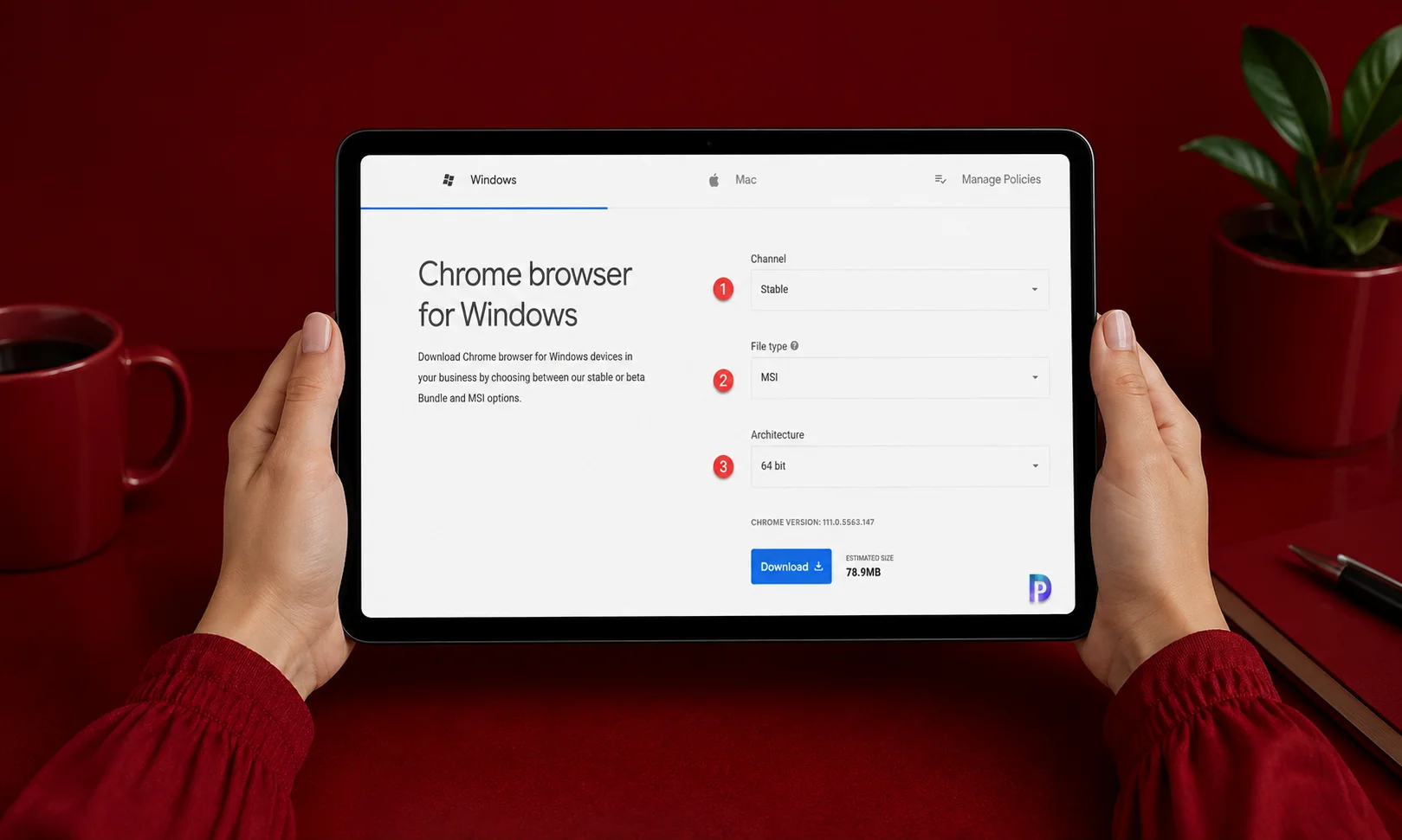 | Google Chrome Business MSI Download: Official Guide A tablet screen displaying enterprise browser setup options and architecture configurations for Windows.