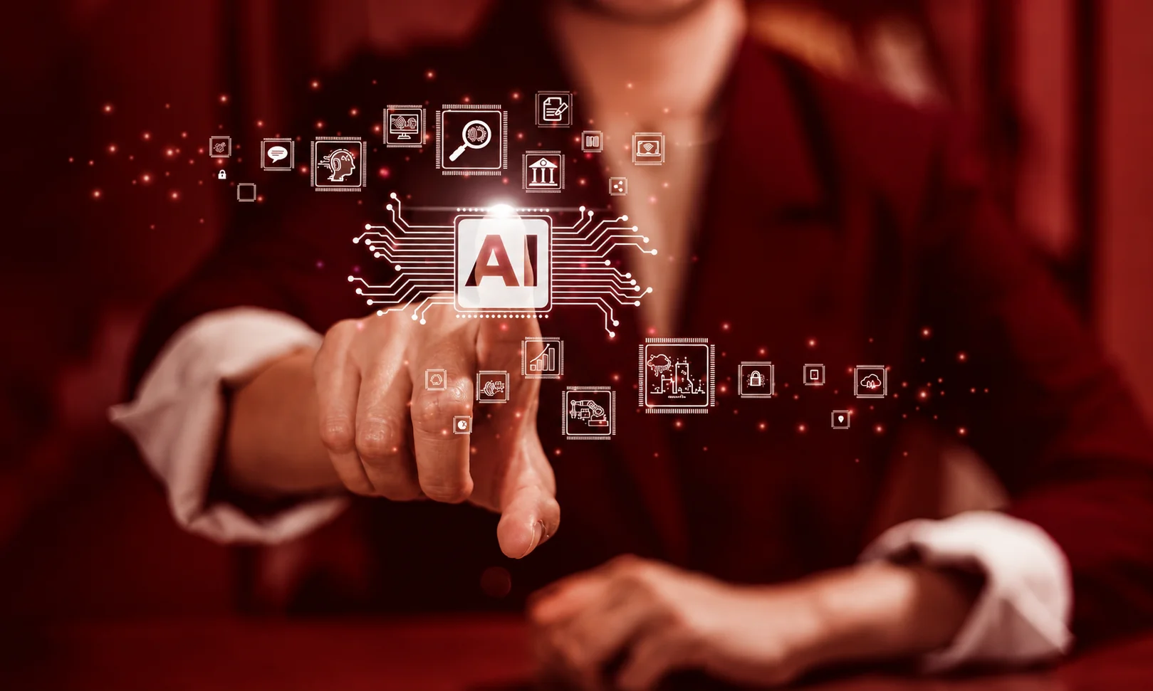 A person interacting with an AI processor microchip and data connectivity icons to demonstrate how artificial intelligence works.