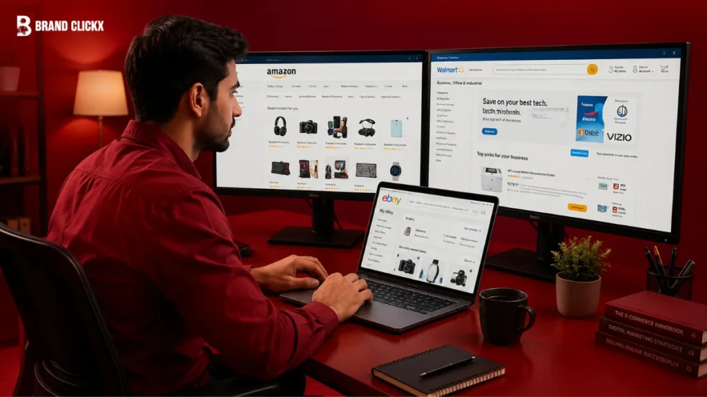 How Ecommerce Sellers Can Manage Multiple Marketplaces Efficiently Ecommerce seller managing multiple marketplaces across screens