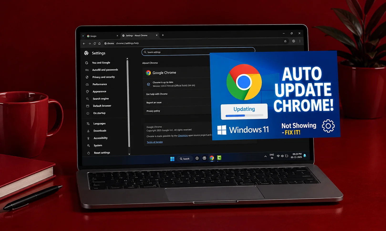 A laptop screen showing Google Chrome settings and an auto-update notification window.