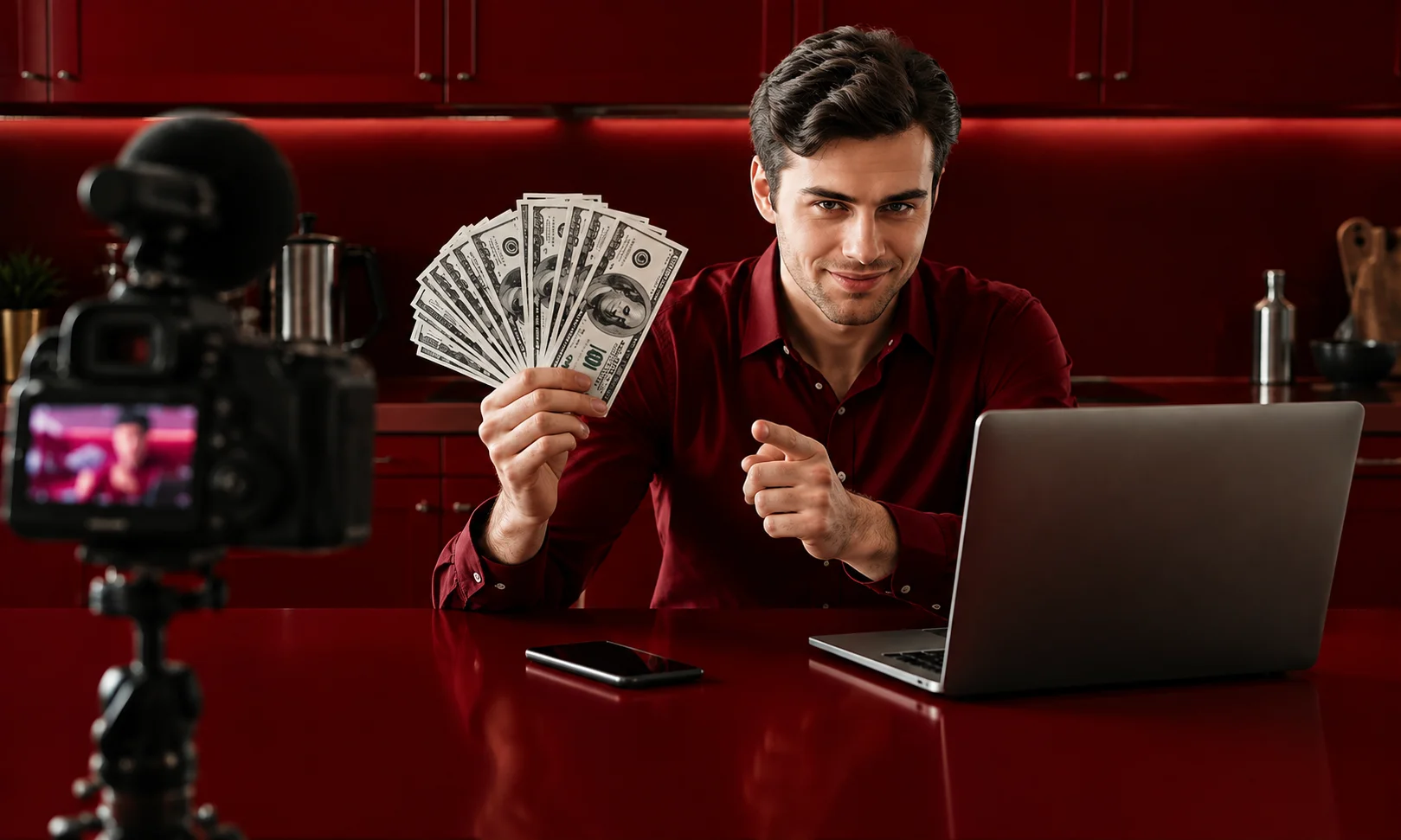 A person sitting at a desk with a laptop holding cash, set against a rich red studio backdrop.