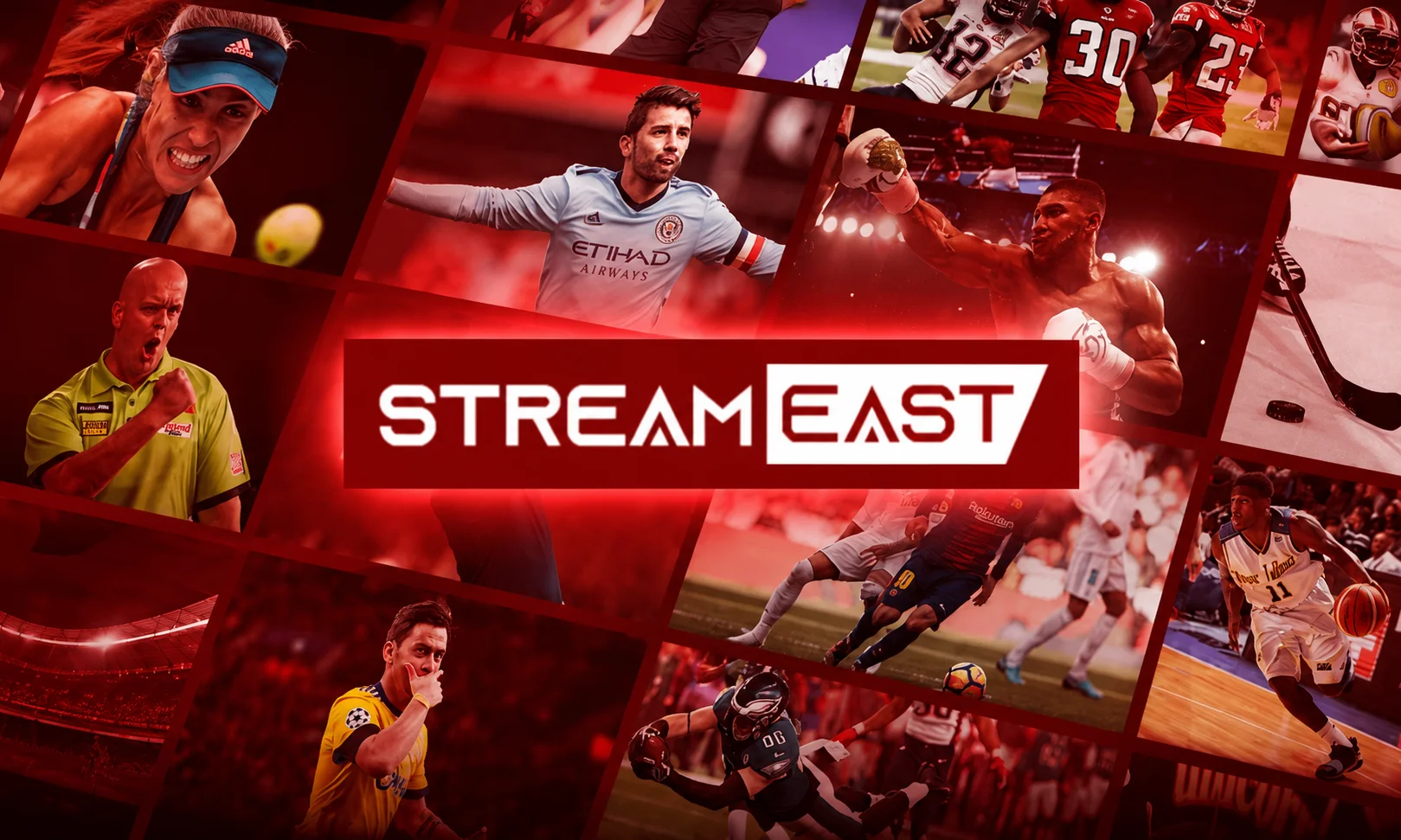 A collection of devices and screens displaying streaming content showcased under a warm red-toned aesthetic.