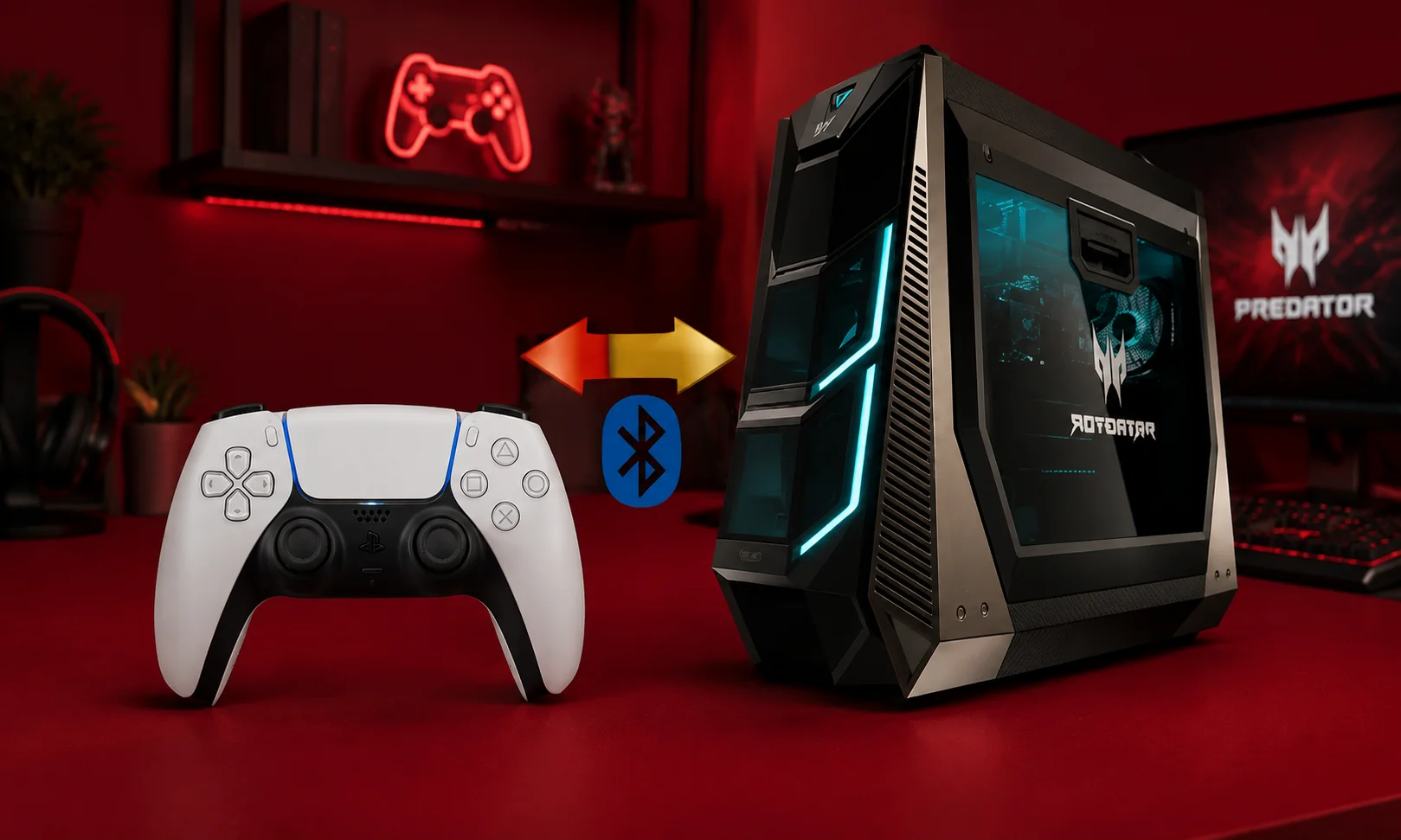 A PS5 controller and a gaming console displayed against a rich red studio backdrop.