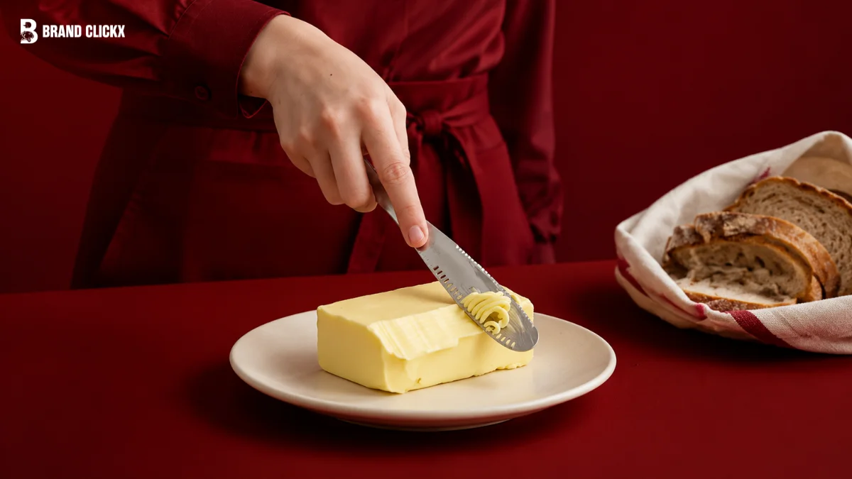 A person using a knife to slice a block of softened butter on a plate against a deep red background.
