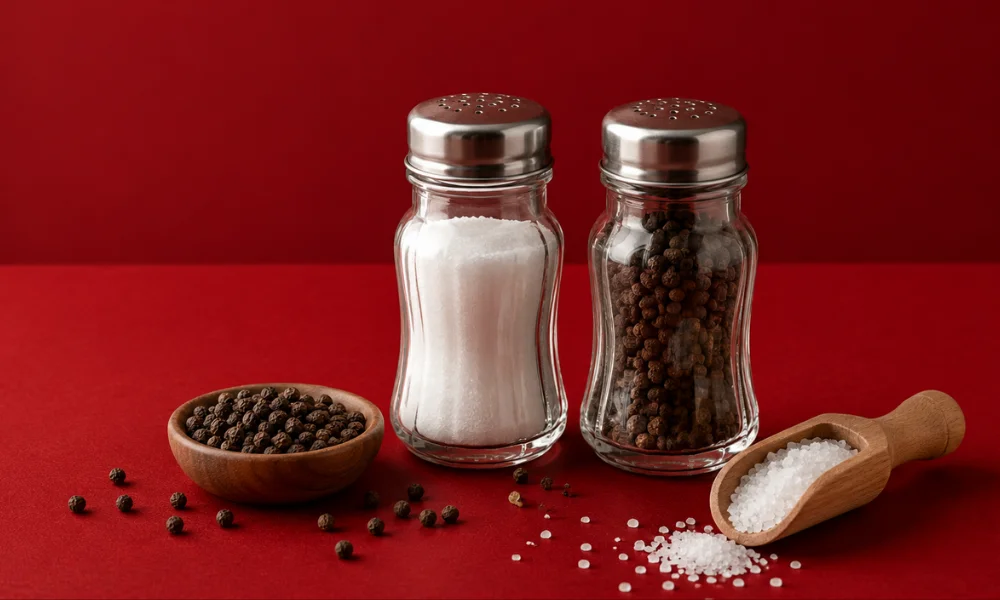 Whole peppercorns and dry salt stored in airtight glass jars kept in a cool, dry pantry.