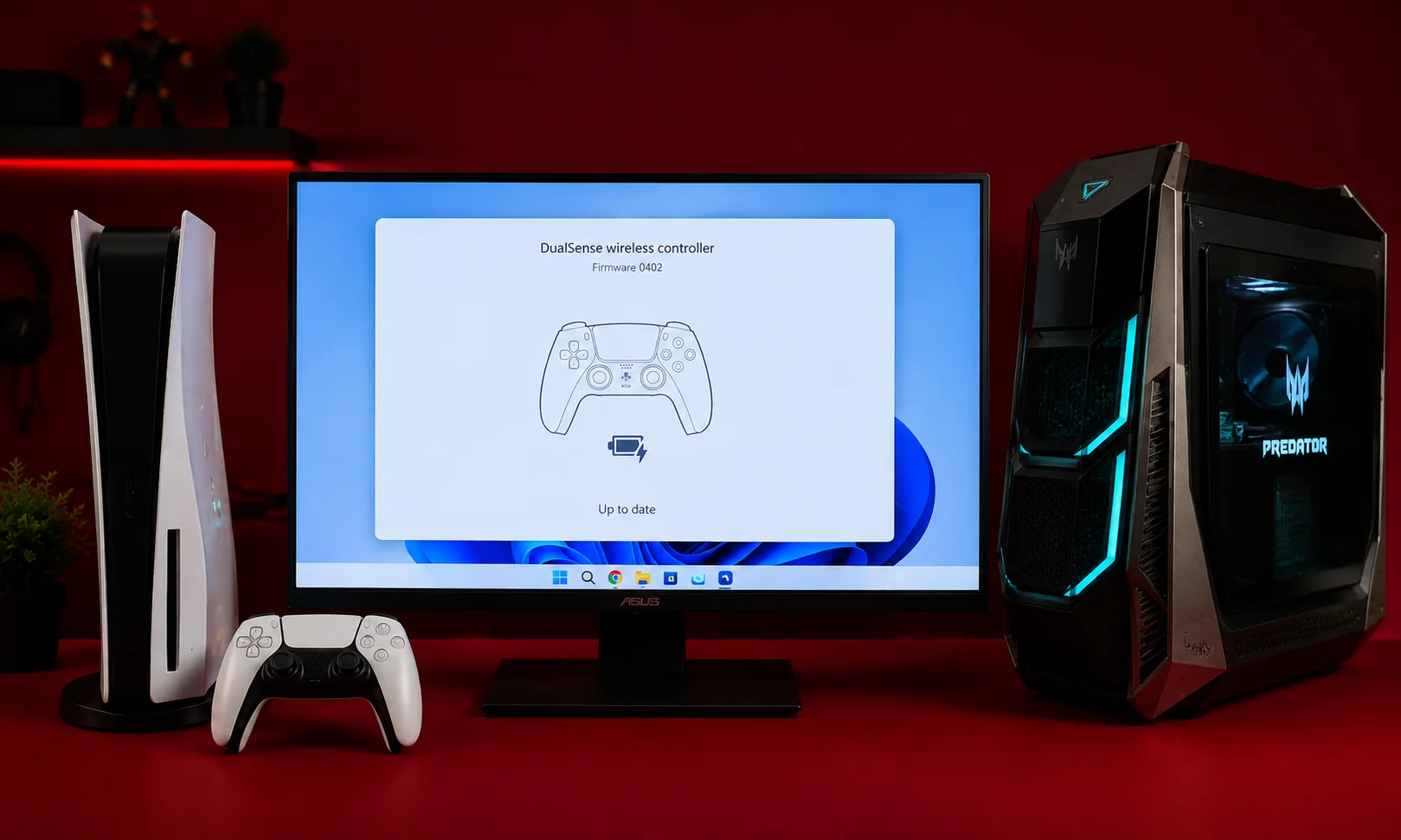A first-person view of someone holding a gaming controller in front of a screen against a deep red background.