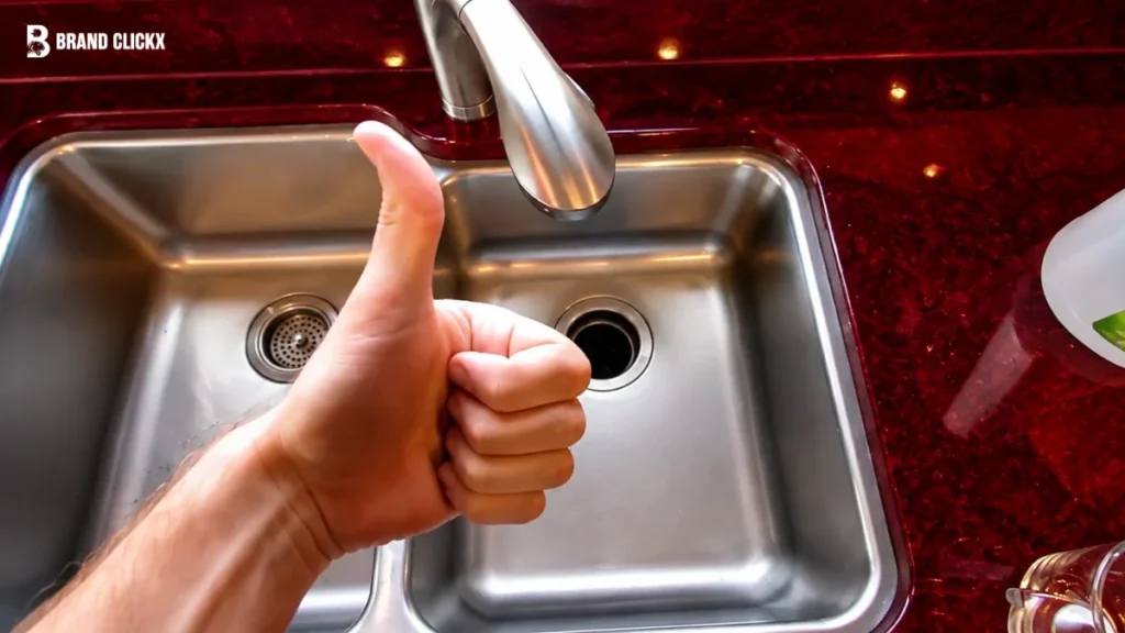 A person giving a thumbs-up next to an unclogged kitchen sink on a dark red surface.