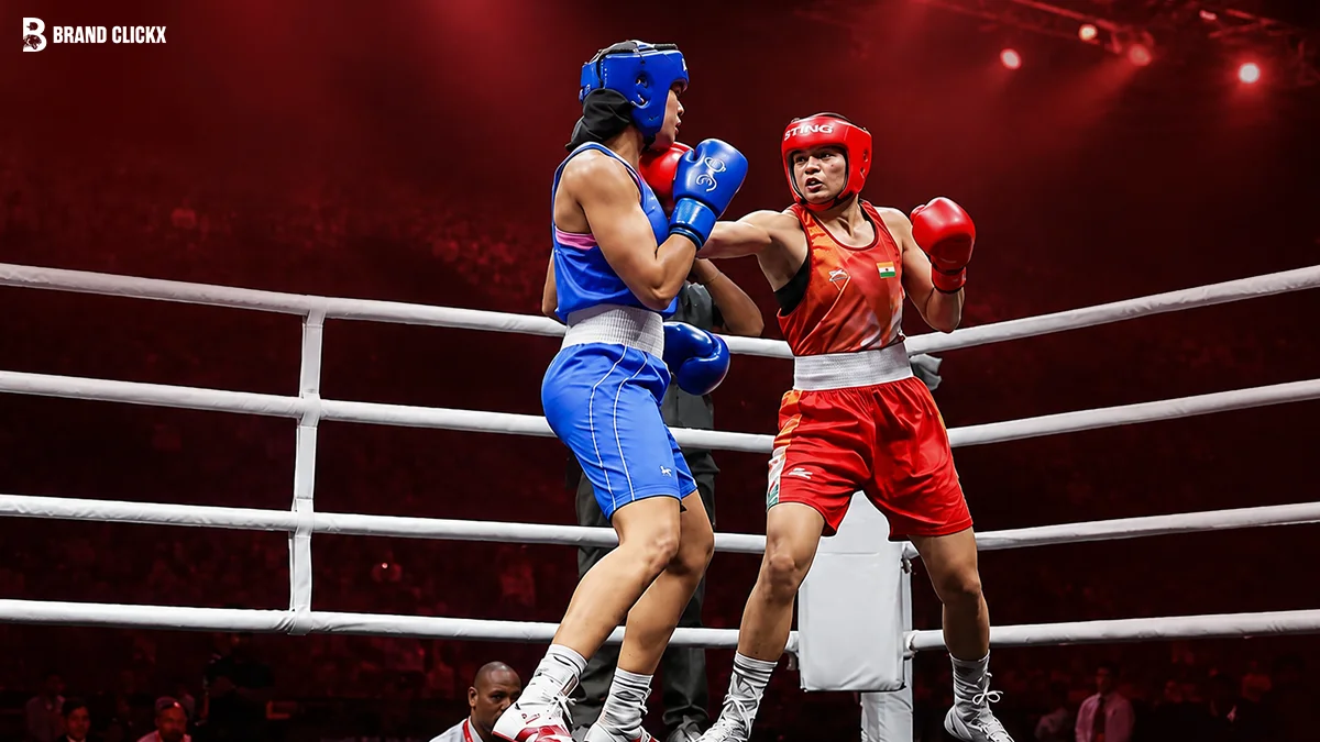 Indias CWG 2026 Schedule Today August 1 Two female boxers competing in a ring against a red-ambient backdrop