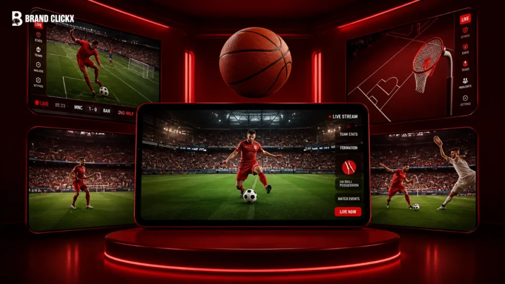 Is StreamEast Legal What You Need to Know Multiple devices and screens broadcasting live sports streaming content in a dark red setting.