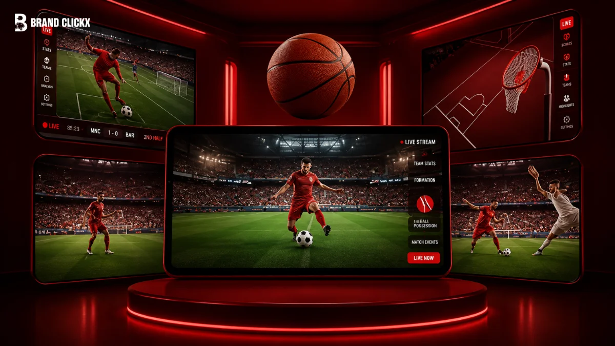 Multiple devices and screens broadcasting live sports streaming content in a dark red setting.