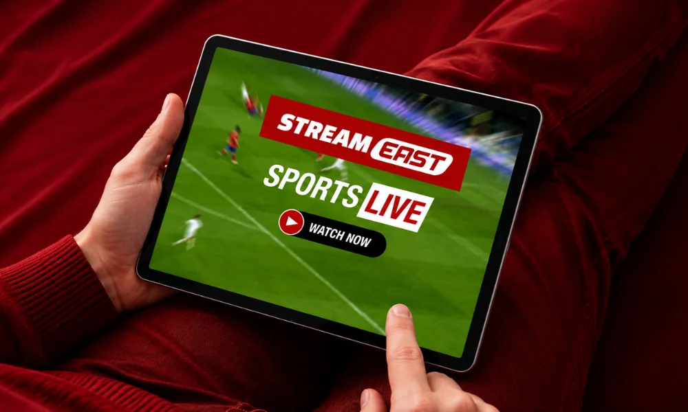 A tablet displaying a sports streaming interface held in someone's hands, set against a rich red studio backdrop.